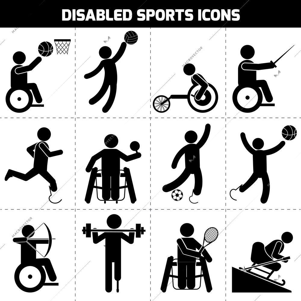 Disabled sports black pictogram invalid people icons set isolated vector illustration