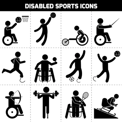 Disabled sports black pictogram invalid people icons set isolated vector illustration