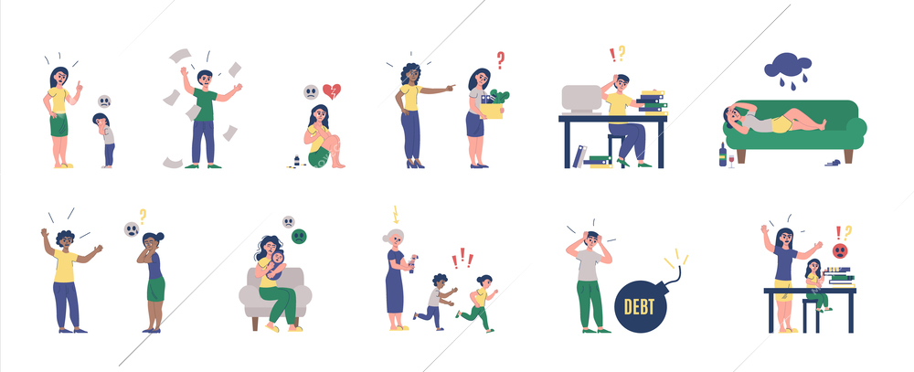 Flat stress people icon set with different situations that cause stress in a person vector illustration