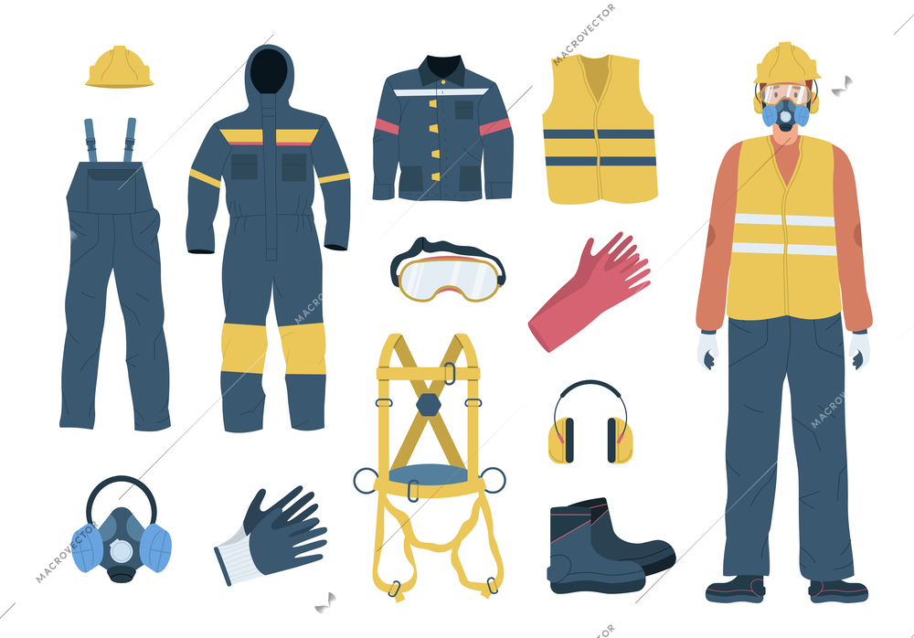 Flat set of color personal protective equipment and male worker wearing vest helmet respirator glasses isolated vector illustration