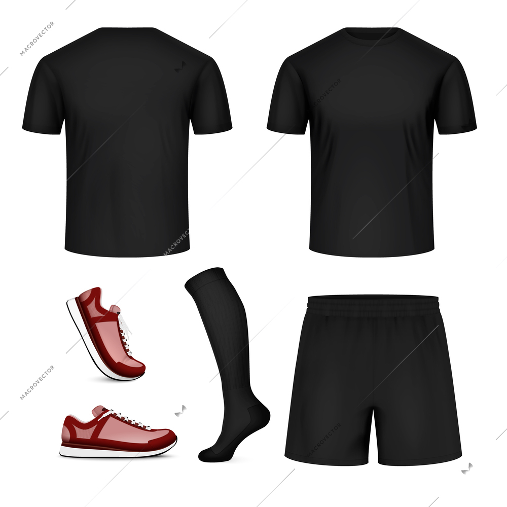 Sport uniform black mockup realistic set of clothe and shoe for football or volleyball playing isolated vector illustration