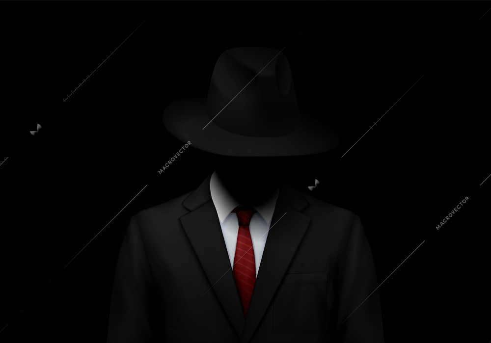 Man in spy suit and hat casting shadow on his face realistic vector illustration on black background