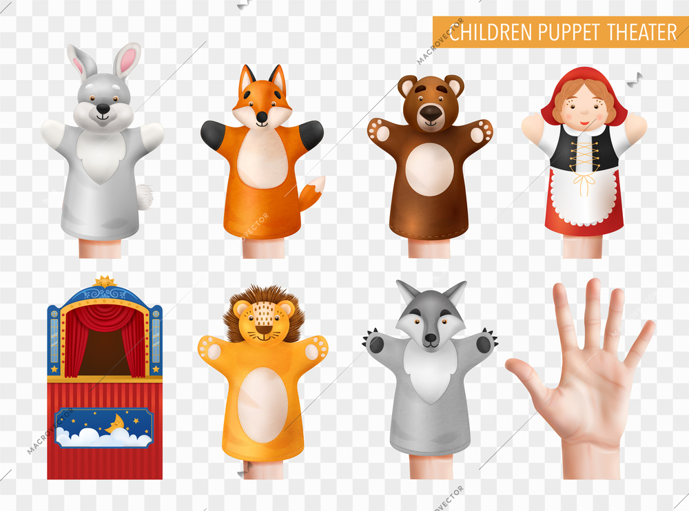 Children puppet theater set with realistic cute hand toys and bright booth isolated against transparent background vector illustration