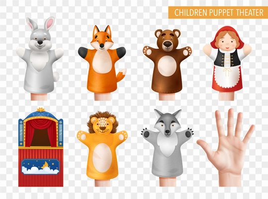 Children puppet theater set with realistic cute hand toys and bright booth isolated against transparent background vector illustration