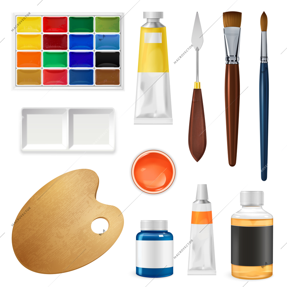 Painter tools realistic set with brush and paint symbols isolated vector illustration