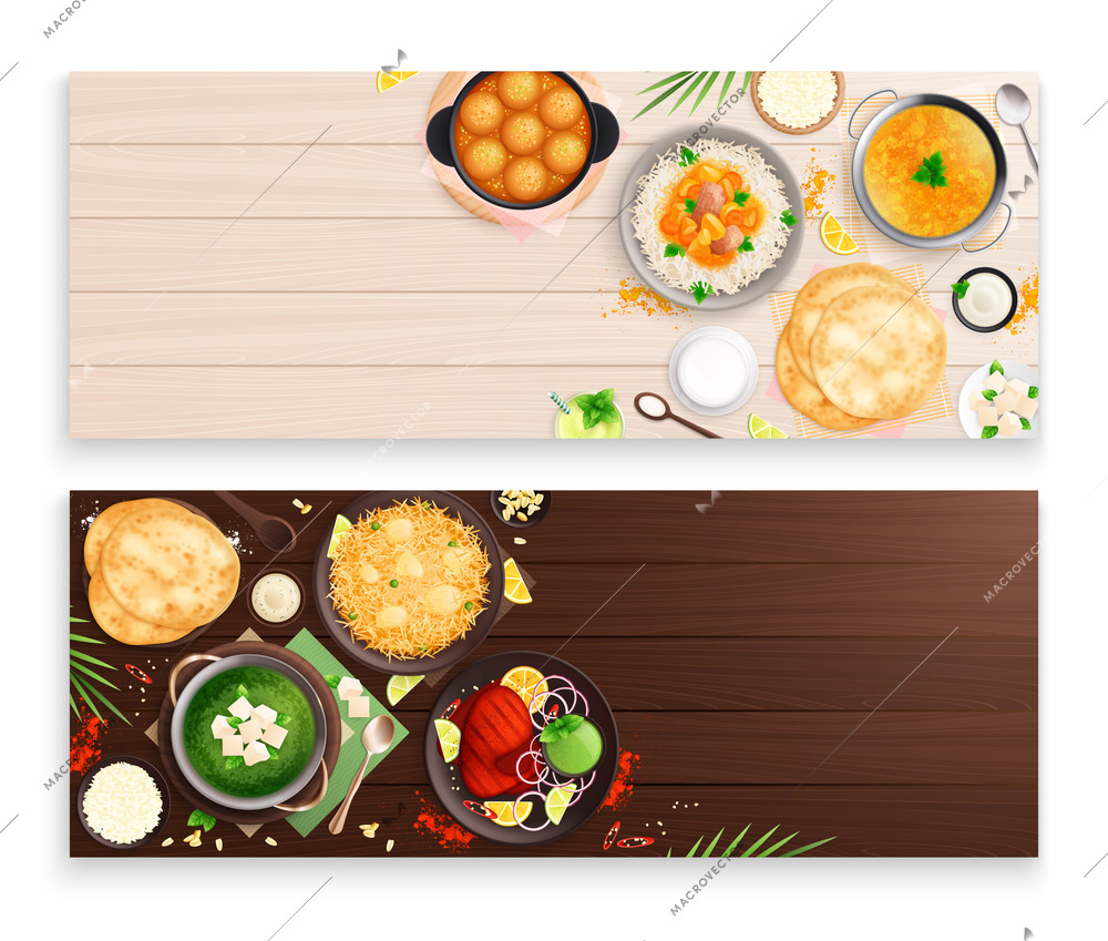 Indian cuisine set of two horizontal banners with flat top view images of plates with food vector illustration