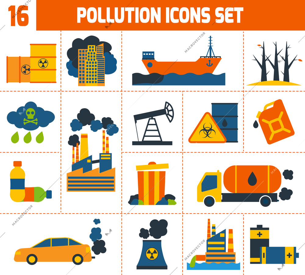 Pollution environment contamination toxic waste and ecology icons set isolated vector illustration