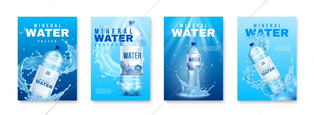 Plastic water bottle poster set with packaging for mineral water on blue background realistic vector illustration