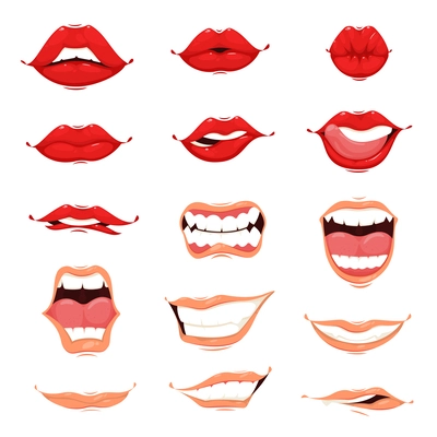Human mouth cartoon hand drawn set of lips in different facial expressions calm sexy kissing smiling isolated vector illustration