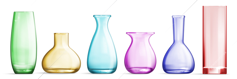Empty glass vase realistic mockup set of different forms and colors simple symmetrical items isolated vector illustration