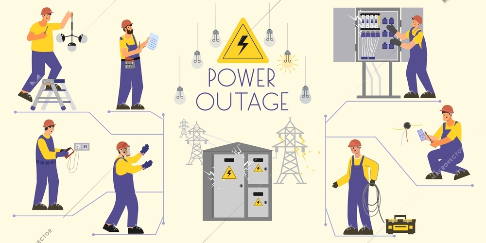 Power outage infographics with flat icons of lamp bulbs power lines and electricians with equipment images vector illustration