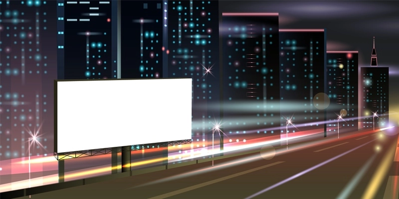 Night city banner realistic composition with view of motorway road with empty billboard and glowing buildings vector illustration