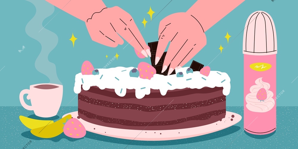 Female hands decorating homemade cake with pieces of chocolate whipped cream and strawberries flat vector illustration