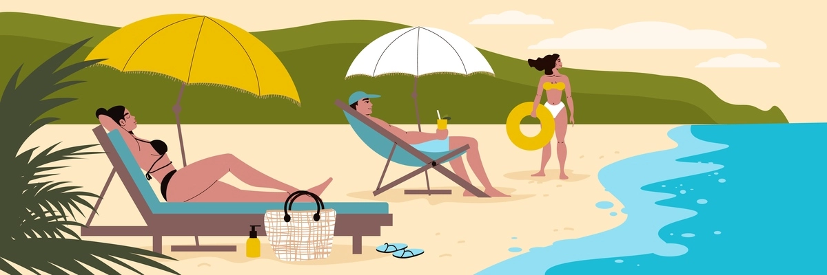 Man and women having rest on tropical sandy beach with umbrellas drinks flotation ring flat vector illustration
