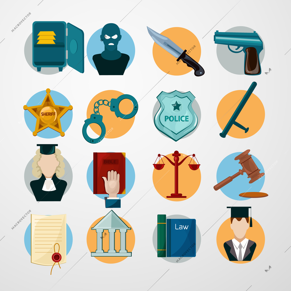 Law judgment and police icons flat set with safe criminal knife gun isolated vector illustration