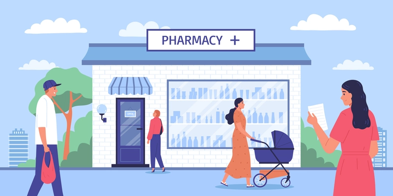 Facade of pharmacy store in urban space and residents with prescriptions going to medical building flat horizontal vector illustration