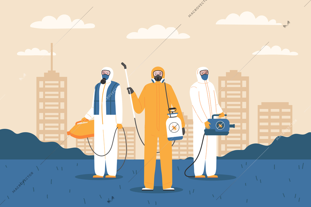 Pest control service poster with staff in safety suits with equipment for destruction of virus germs and insects flat vector illustration