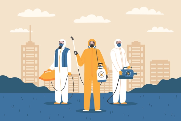 Pest control service poster with staff in safety suits with equipment for destruction of virus germs and insects flat vector illustration