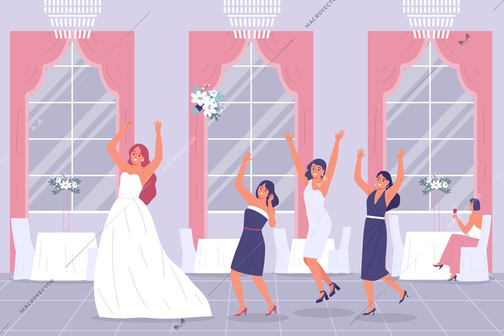 Wedding ceremony bride bouquet indoor composition with bride throwing flowers bunch flying with jumping female friends vector illustration