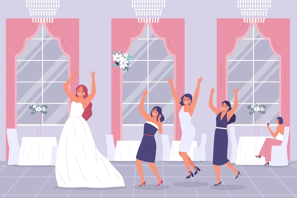 Wedding ceremony bride bouquet indoor composition with bride throwing flowers bunch flying with jumping female friends vector illustration