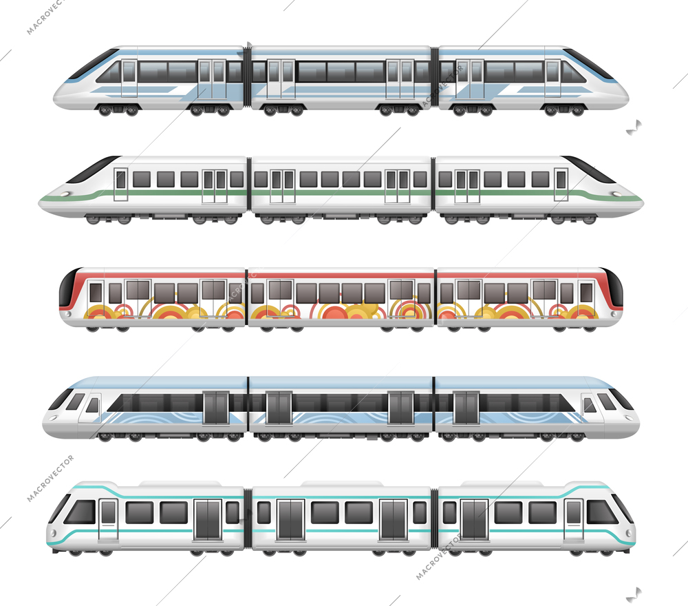 Realistic mockup set of five passenger subway trains with different livery isolated against white background vector illustration