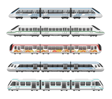 Realistic mockup set of five passenger subway trains with different livery isolated against white background vector illustration