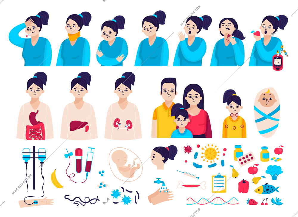Immune system color icon set with treatments different symptoms and transmission of the disease by inheritance vector illustration