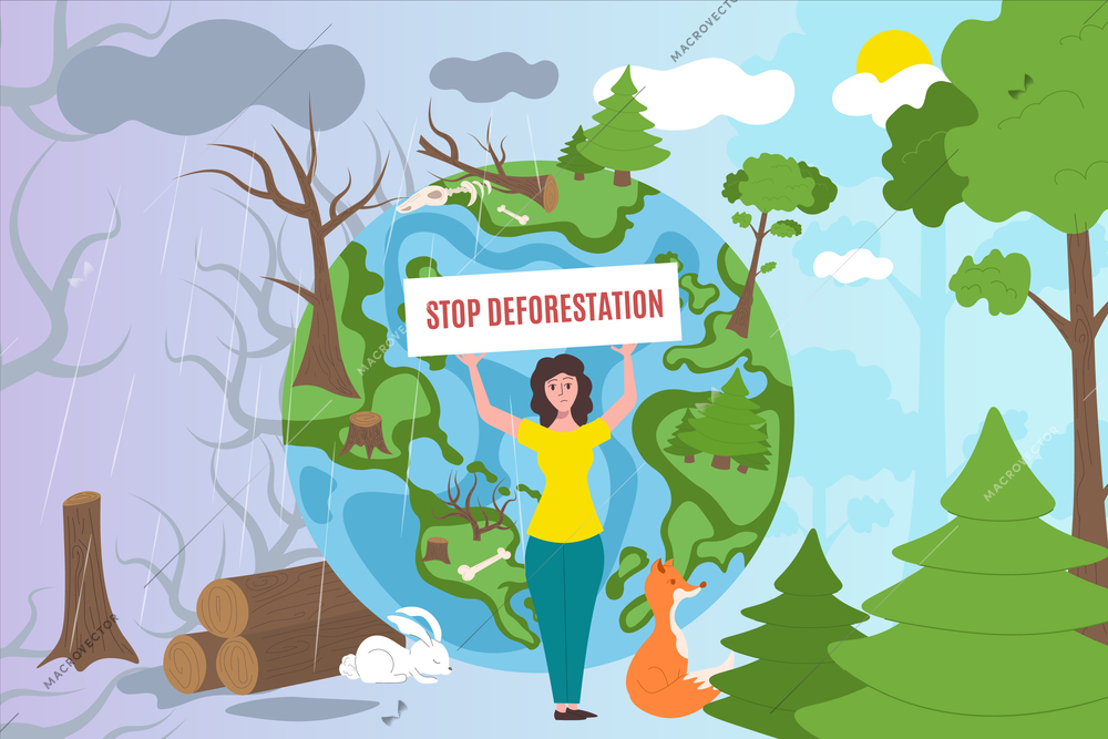 Deforestation background with environmental protection and ecology symbols flat vector illustration