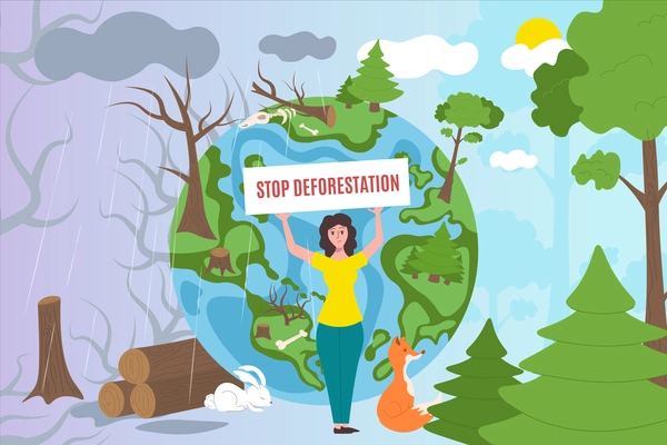 Deforestation background with environmental protection and ecology symbols flat vector illustration