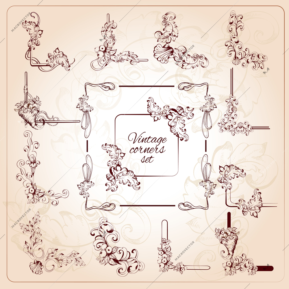 Vintage calligraphic classic corners set with floral scrolls isolated vector illustration