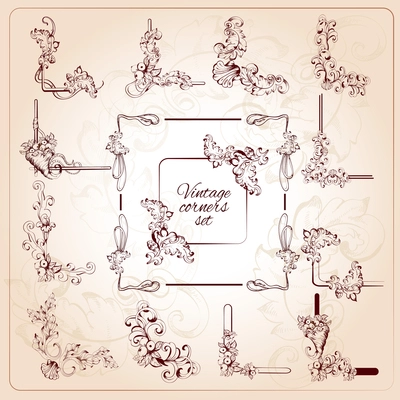 Vintage calligraphic classic corners set with floral scrolls isolated vector illustration