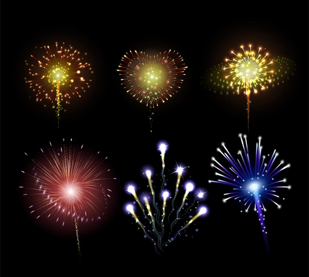 Fireworks realistic set with isolated icons of exploding pyrotechnics trails of different particle color and shape vector illustration