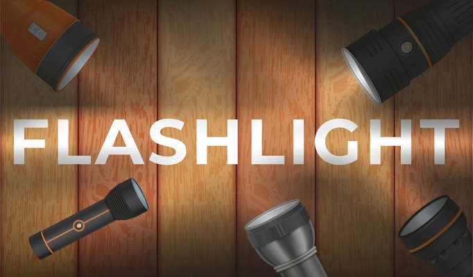 Realistic portable flashlights with beam light on wooden surface background with text vector illustration