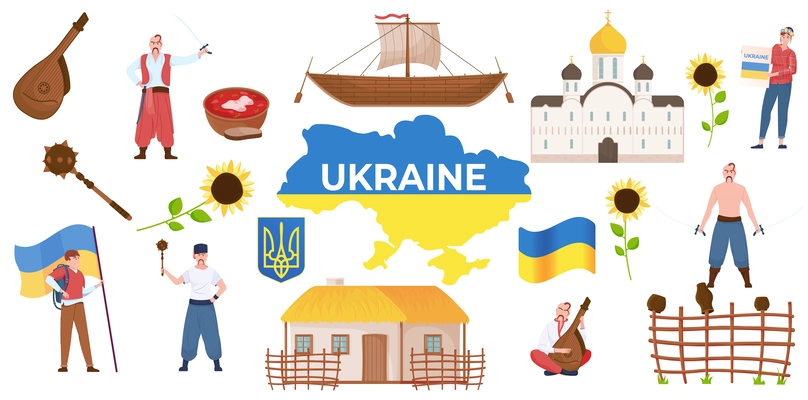 Ukraine flat set with ukranian flag coat of arms people architecture cuisine sunflowers isolated vector illustration