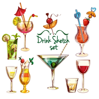 Sketch alcoholic beverages cocktail drink set isolated vector illustration