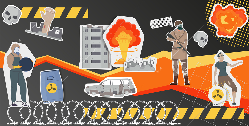 Flat collage with apocalypse and atomic war scenes in stickers vector illustration