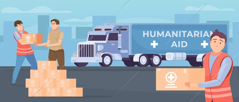 Volunteers handing out humanitarian aid to needy people flat vector illustration