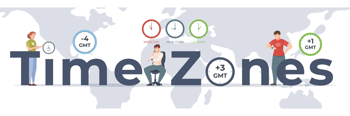 Time zones flat concept with people watching clocks and world map on background vector illustration