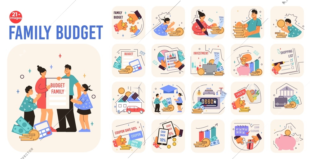 Family budget compositions set with flat isolated icons of money saving banking and property with people vector illustration