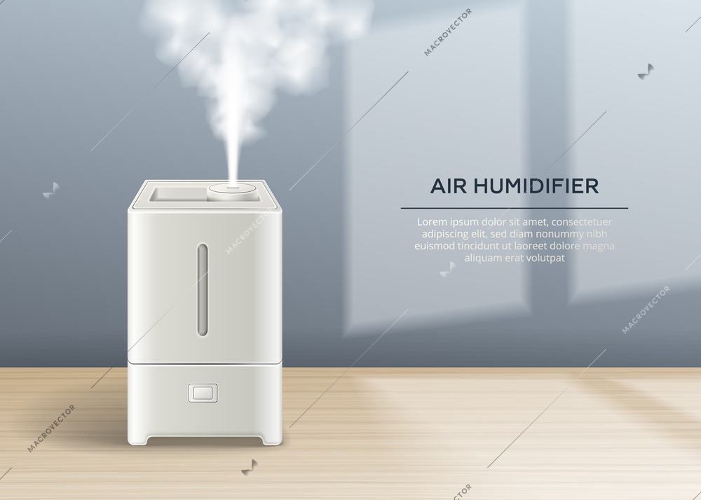 Realistic poster with house air humidifier on table vapour cloud and editable text vector illustration