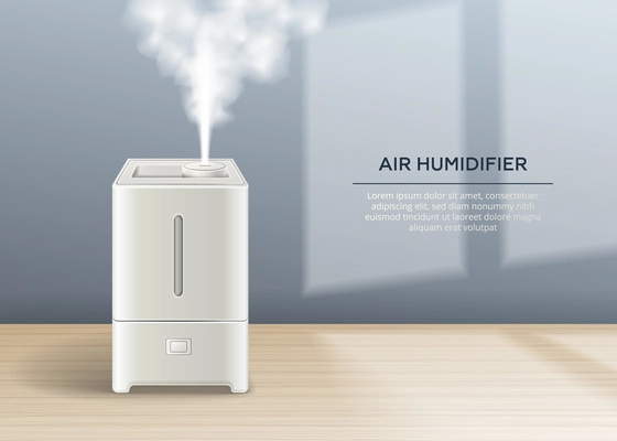 Realistic poster with house air humidifier on table vapour cloud and editable text vector illustration