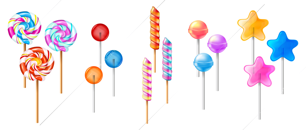 Realistic sweets set with isolated icons of lollipop candies on sticks with star and bubble shapes vector illustration