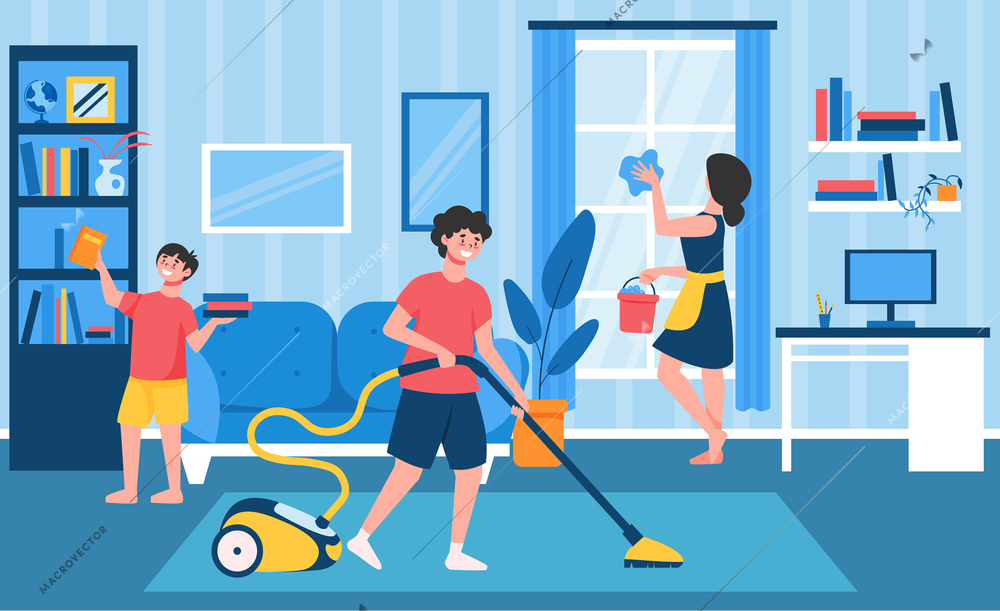 Family routine cleaning composition with living room interior with father mother and son cleaning the apartment vector illustration