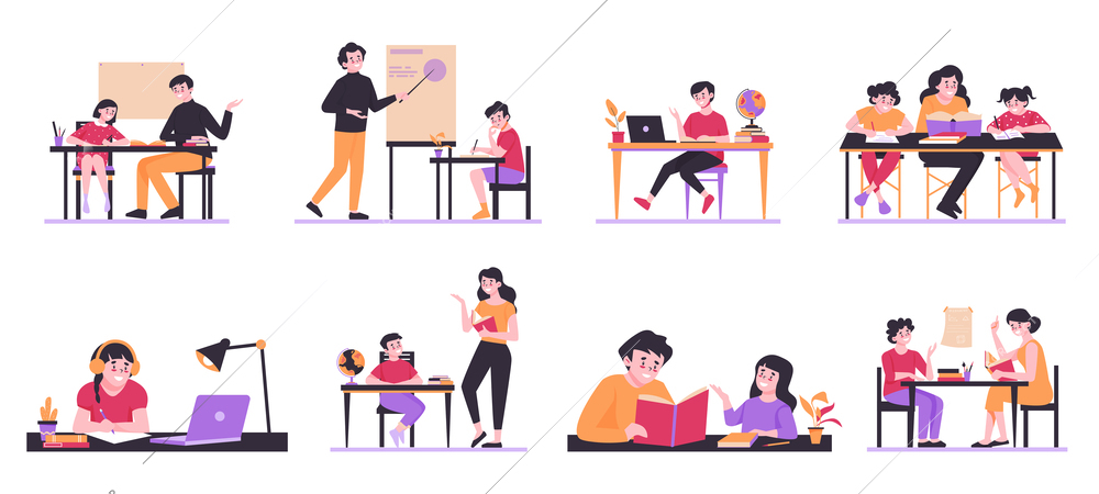 Homeschooling color set with isolated icons characters of tutors with children at desk with books laptops vector illustration