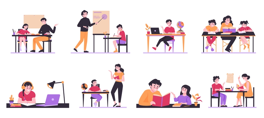 Homeschooling color set with isolated icons characters of tutors with children at desk with books laptops vector illustration