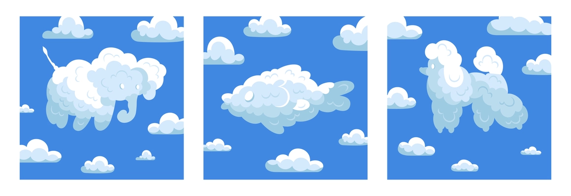 Three square animal clouds design concept set with elephant fish and dog clouds vector illustration