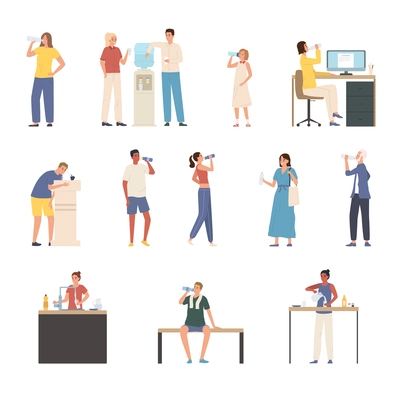 Flat set of people drinking water from bottle tap glass in office after workout isolated vector illustration