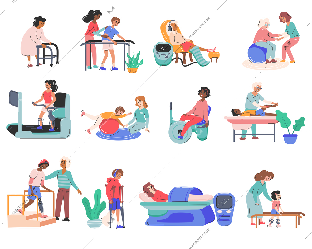 Physiotherapy and rehabilitation set with therapeutic care symbols flat isolated vector illustration