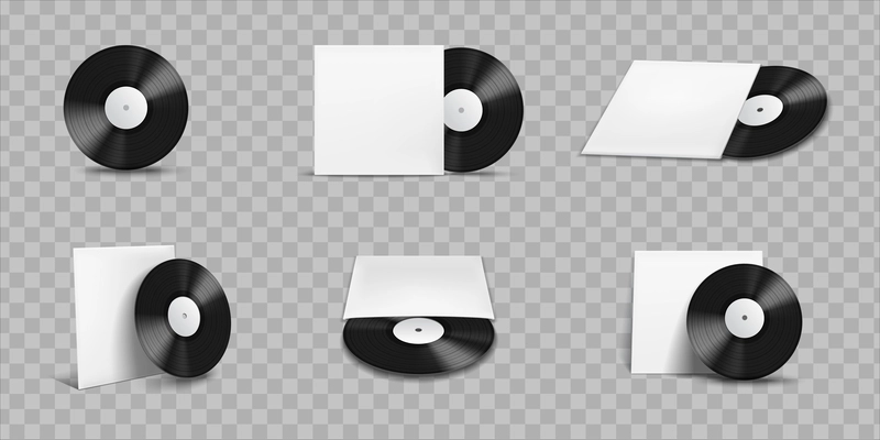 Isolated vinyl record covers mockup realistic icon set with white packages on transparent background vector illustration