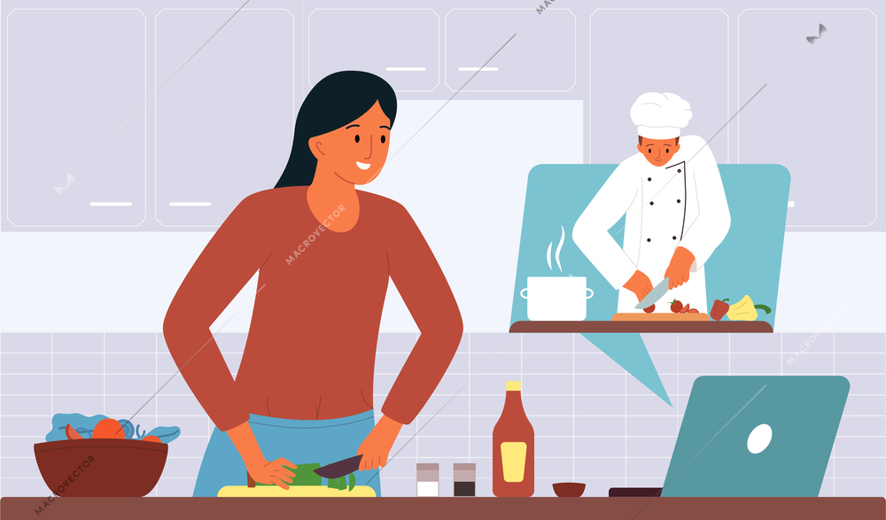 People cooking online flat composition with woman looking culinary show on laptop and copy cook action at kitchen vector illustration